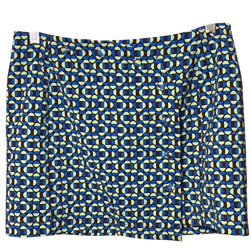 Urban Outfitters Blue Green Geometric Retro 60s Mod Button Mini Skirt Womens M